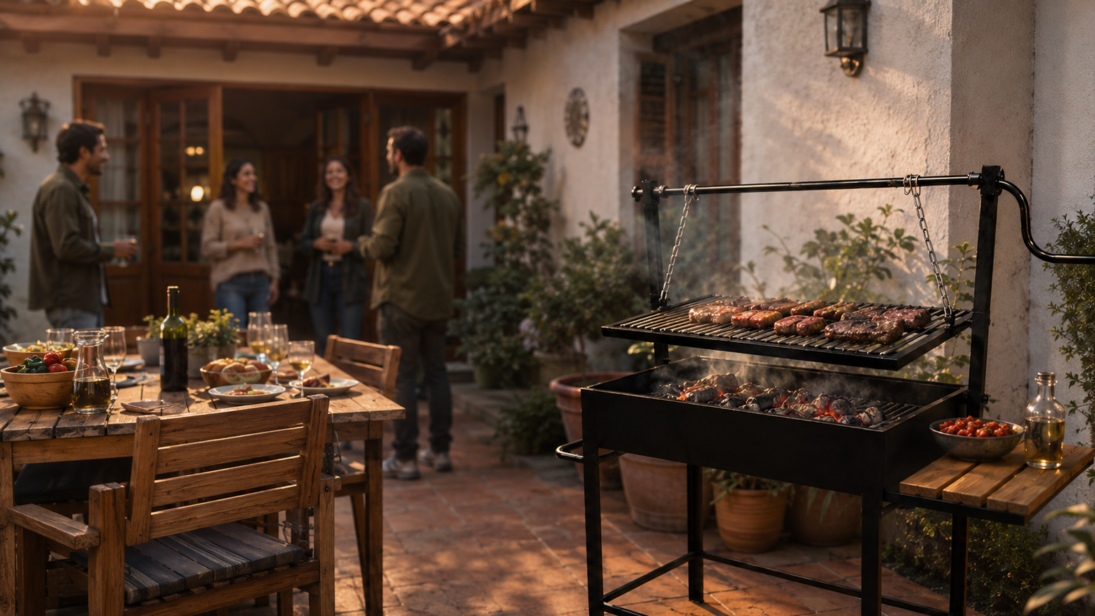 Parrilla elevable con manivela en uso, asado sobre carbón — PARRILLATE